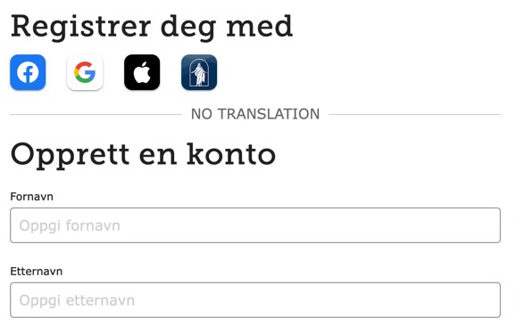 Skjermbilde som viser hvordan du kan registrere deg med en Facebook-, Google-, Apple- eller ChurchofJesusChrist.org-konto på FamilySearch.org.