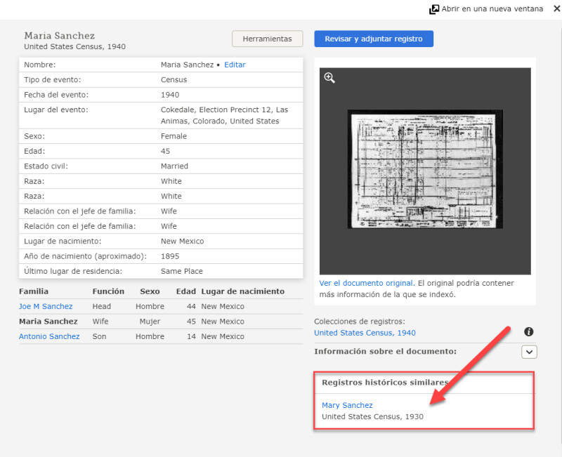 Captura de pantalla de los detalles del registro de FamilySearch.