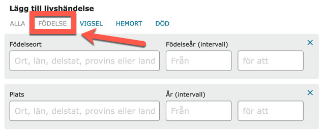 Skärmbild som visar hur du lägger till uppgifter om livshändelser i en sökruta.