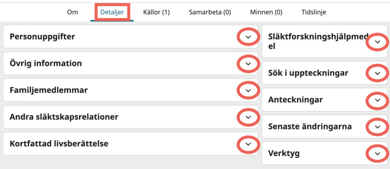 En skärmbild av fliken Detaljer på Erik Olof Erikssons personsida.