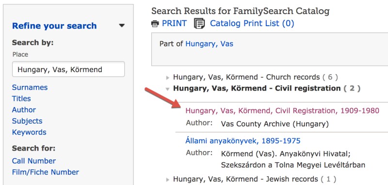 Screenshot of search results of civil registration