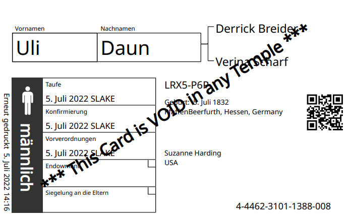 Ein Beispiel für eine neue Namenskarte der Familie, auf der ein QR-Code vorhanden ist.