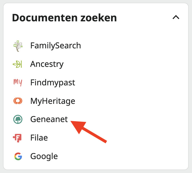 Screenshot van het vak Documenten zoeken, met de link naar Geneanet in FamilySearch Stamboom