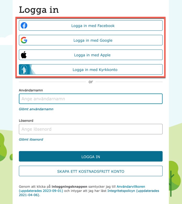 Skärmbild av inloggningssidan på FamilySearch.org som visar alternativ för att logga in med Facebook, Google, Apple eller ett kyrkkonto.