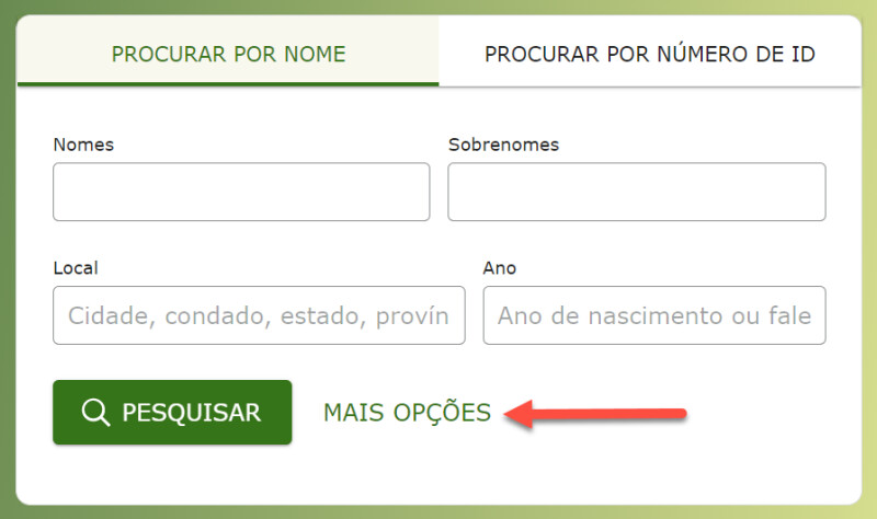Uma captura de tela da caixa de pesquisa da Árvore Familiar Encontrar no FamilySearch.org.