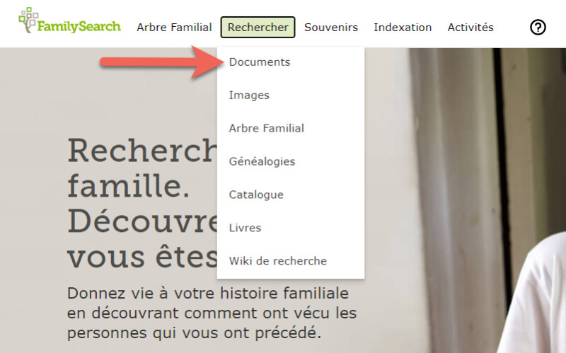 Capture d’écran des recherches de documents dans le menu déroulant de la page d’accueil de FamilySearch