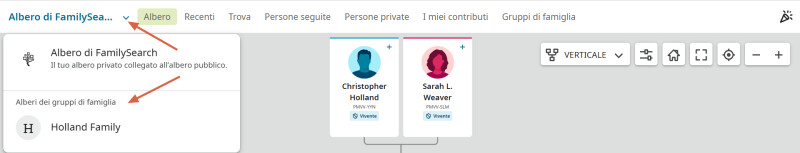 Screenshot della navigazione tra Albero familiare mondiale e un albero del gruppo di famiglia su FamilySearch.org.