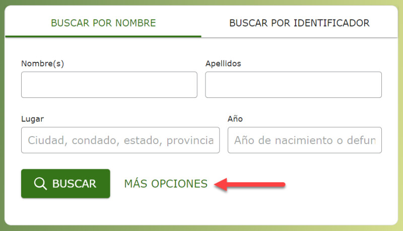 Una captura de pantalla del cuadro de búsqueda del Árbol Familiar Encontrar en FamilySearch.org.