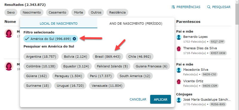 Captura de tela mostrando uma pesquisa filtrada por país de nascimento.
