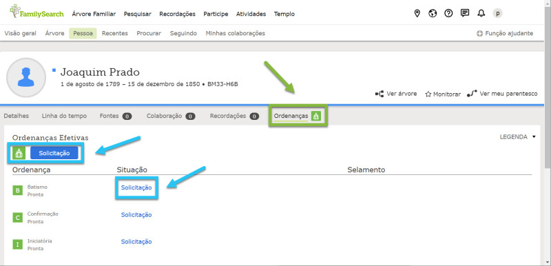 Solicitar ordenanças no FamilySearch.