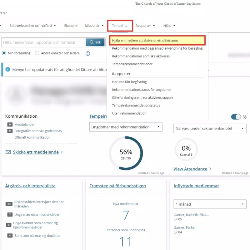 Skärmdump av alternativet ”Hjälp en medlem att skriva ut ett släktnamn” i Resurser för ledare och kamrerer.