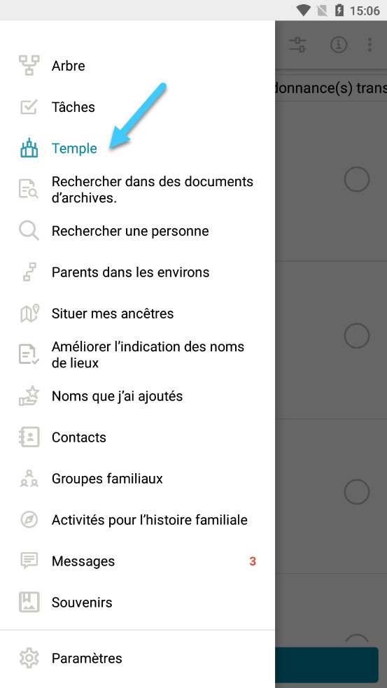 Screenshot of how to get to the temple menu on the Family Tree App in French.
