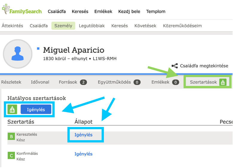 Szertartások kérvényezése a FamilySearchön.