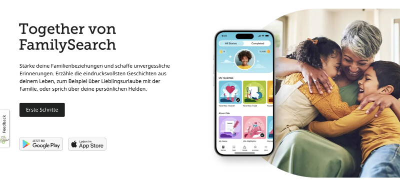 Screenshot der Seite mit Links zum Herunterladen der App „Together“ auf der FamilySearch-Website