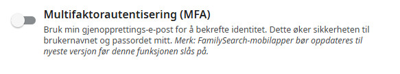 Et skjermbilde av aktivering av flerfaktorautentisering (MFA) på FamilySearch.org