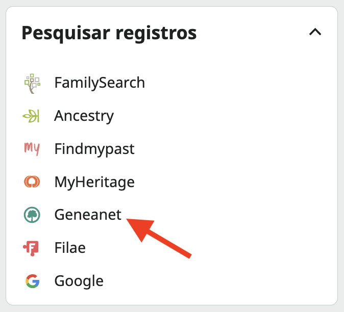 Captura de tela da seção Registros de Busca destacando o link para Geneanet na Árvore Familiar do FamilySearch