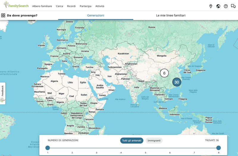 Una schermata della pagina Da dove provengo? Un’attività su FamilySearch che mostra da dove provengono i tuoi antenati del tuo albero genealogico.