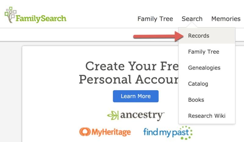 Screenshot of search records drop down on FamilySearch homepage