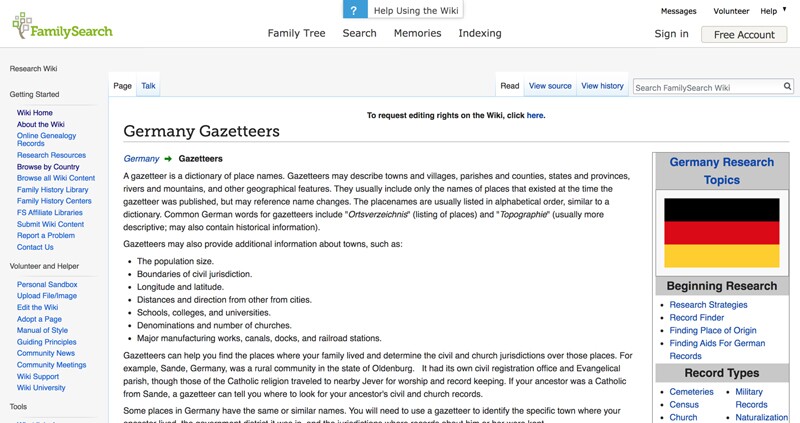 Screenshot of FamilySearch wiki on Germany gazetteers