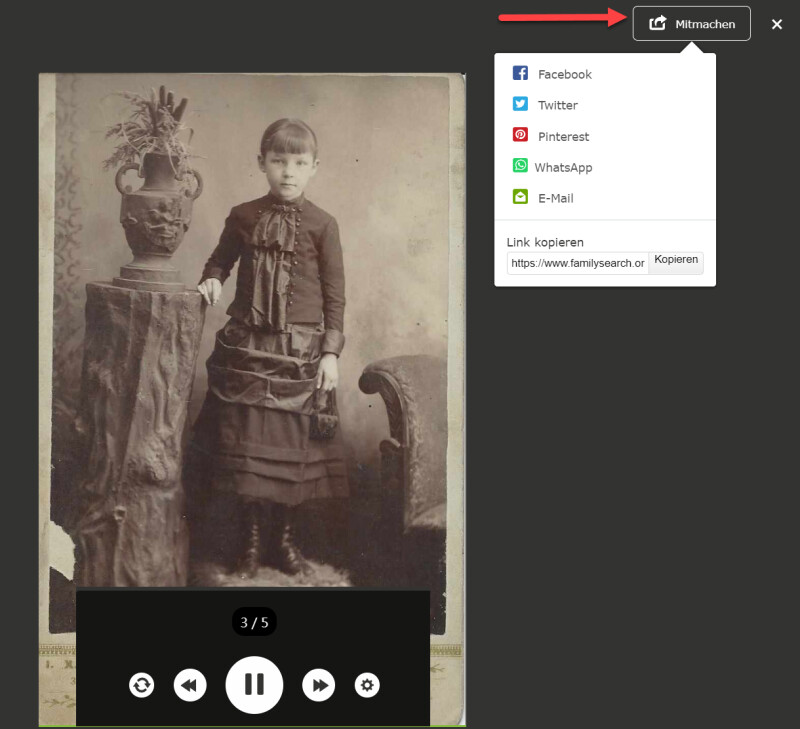 Eine Slideshow im Bereich „Erinnerungen“ von FamilySearch mit den Schaltflächen „Wiedergabe“ und „Weitergeben“