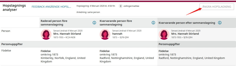 en skärmdump av FamilySearchs hopslagningsanalys som visar ett exempel där knappen ångra hopslagning är grå