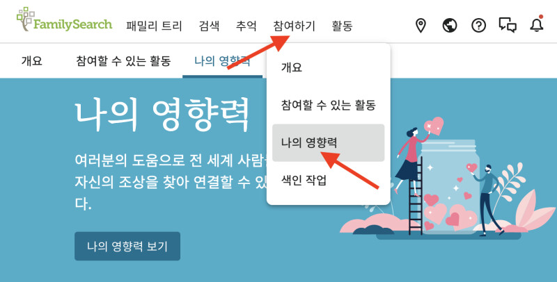 FamilySearch.org 주 탐색 메뉴를 사용하여 새로운 나의 영향력 페이지로 이동하는 방법을 보여 주는 스크린숏.