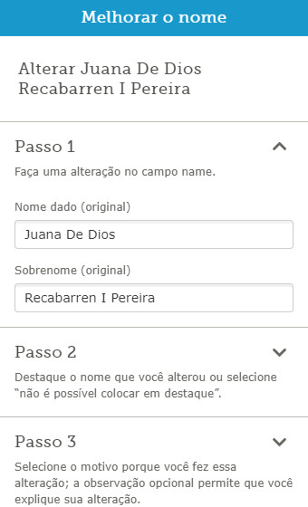 Captura de tela da caixa Melhorar o Nome no FamilySearch.