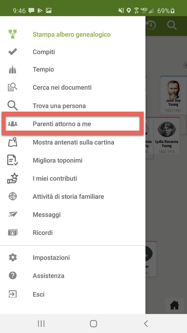 Come trovare Parenti attorno a me nel menu dei dispositivi Android.