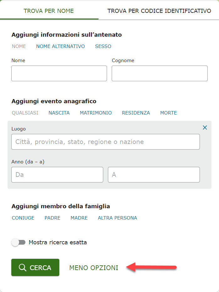 Casella di ricerca completa da Trova Albero Familiare di FamilySearch.