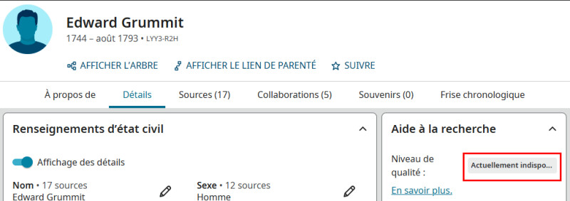 Une capture d'écran d'un profil FamilySearch montrant un score de qualité des données non disponible pour le moment