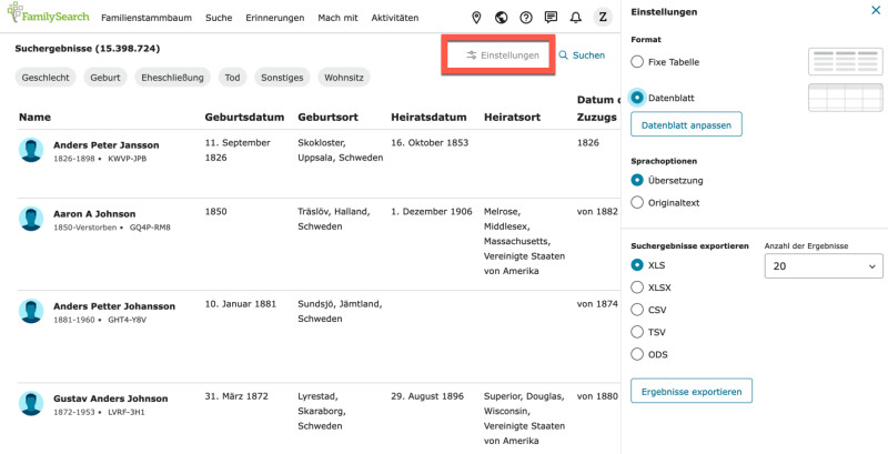 Screenshot der Registerkarte für Sucheinstellungen, der zeigt, wie man zwischen „Fixe Tabelle“ und „Datenblatt“ wechseln kann