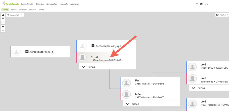 Captura de tela de uma árvore familiar no FamilySearch.