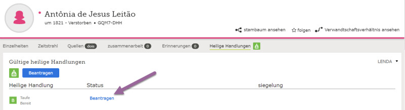 Screenshot der Personenseite auf FamilySearch Wie man einen weitergegebenen Namen über den Familienstammbaum anfordert