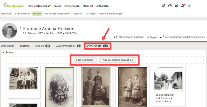 Screenshot davon, wie man das Register „Erinnerungen“ auf der Personenseite des Betreffenden findet