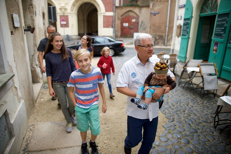 A German family walking around town.