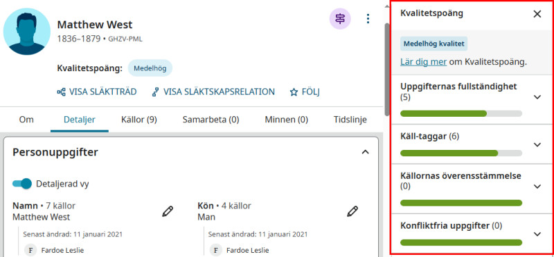 en skärmdump från FamilySearch som visar de fyra måtten på datakvalitetspoängen på en persons profilsida