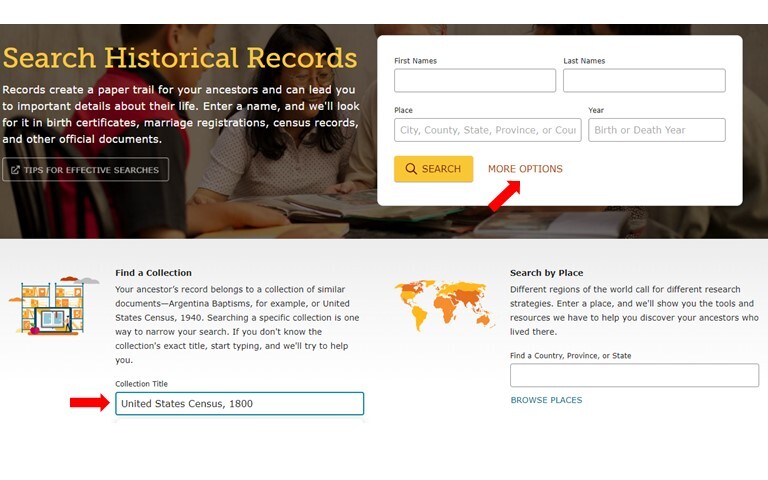 Screen capture of the main search page for the 1800 US census