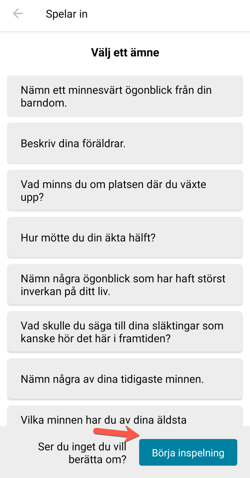 Skärmbild av appen FamilySearch Minnen som visar hur man lägger till ljudfiler.