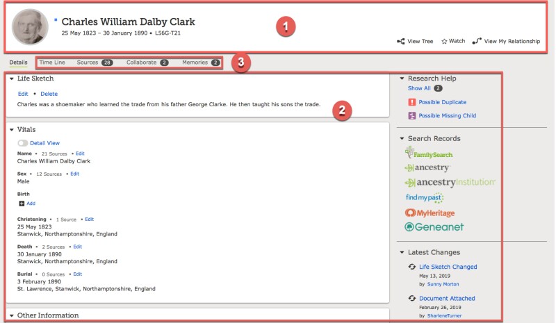an example of a familysearch person page, with numbers showing different parts of the page.