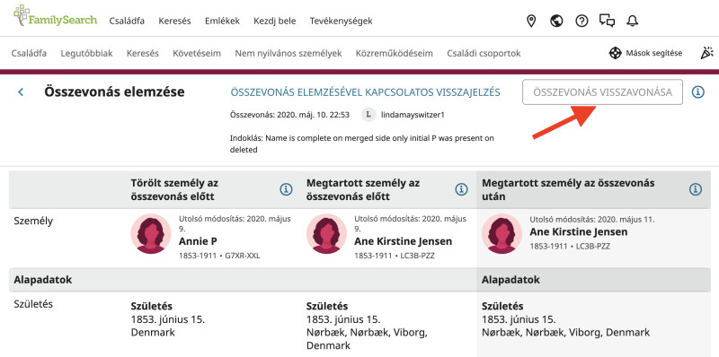 Az Összevonás visszavonása gomb képernyőképe az összevonáselemzési nézetben