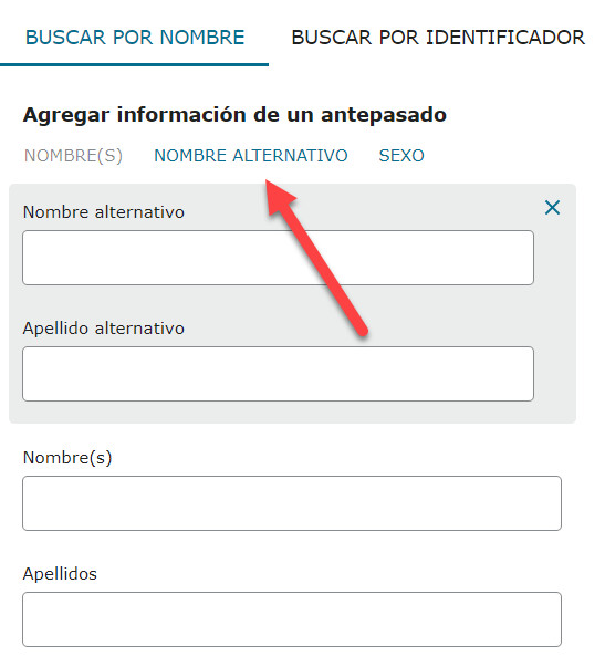 Captura de pantalla que muestra dónde poner un nombre alternativo en una búsqueda de Encontrar del Árbol Familiar.