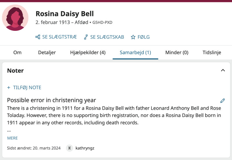 Et skærmbillede af samarbejdssiden for en profil på FamilySearch. En note drøfter en mulig fejl i dåbsåret.