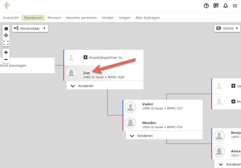 Screenshot van een stamboomweergave op FamilySearch.