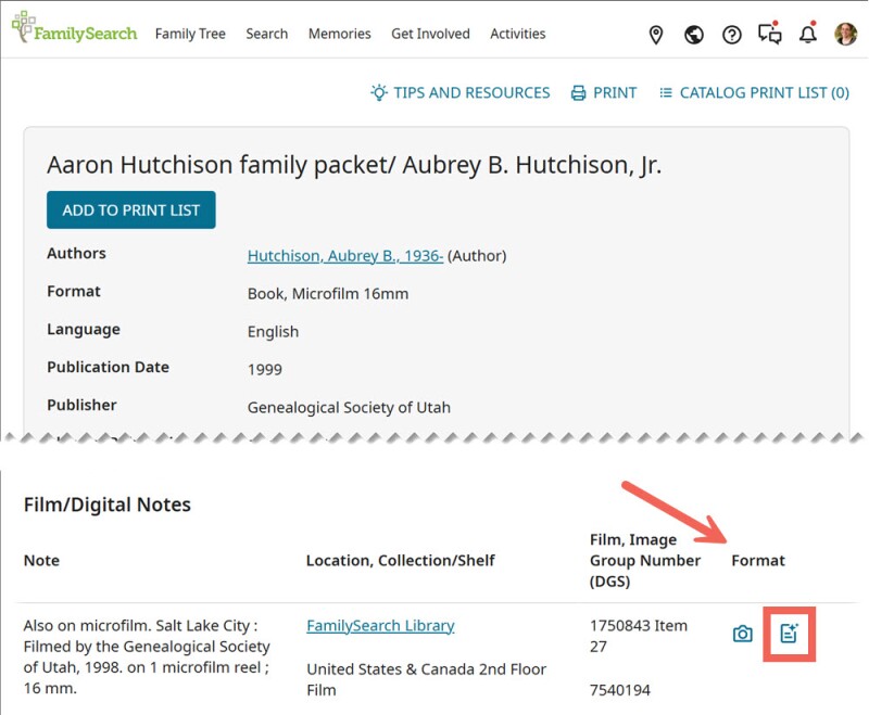 Screenshot of an item in the FamilySearch Catalog. A red arrow shows the full-text search icon, in the Film/Digital Notes section.