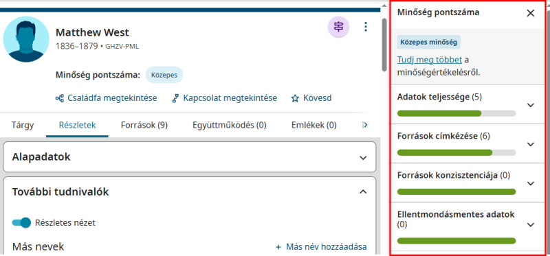 Képernyőkép a FamilySearchről annak feltüntetésével, hogyan jelenik meg a minőségi mutató 4 mértéke egy adott személy profiloldalán
