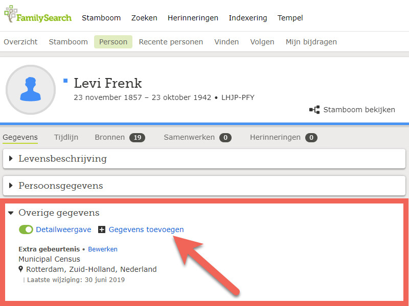 Ander informatie paneel op een FamilySearch-persoonspagina.
