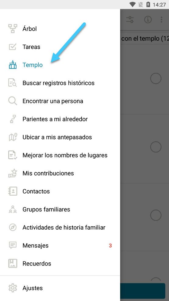 Screenshot of how to get to the temple menu on the Family Tree App in Spanish