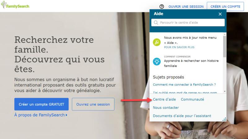 Le Centre d’aide sur le site FamilySearch.org.