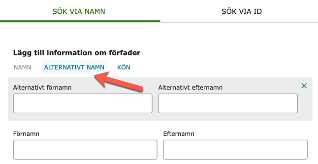 Skärmbild som visar var du kan ange ett alternativt namn i sökfunktionen i Släktträdet.