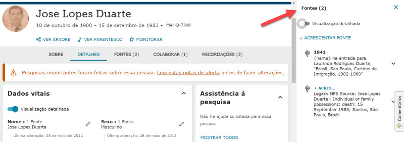 Captura de tela mostrando a barra lateral de fontes para a aba Detalhes em FamilySearch.org.